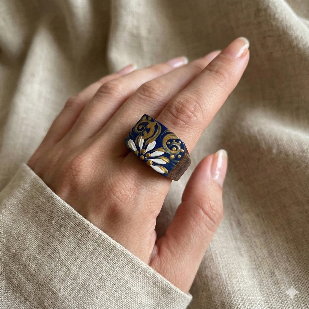 Hand Painted Wood Square Ring Size 8.5 Floral